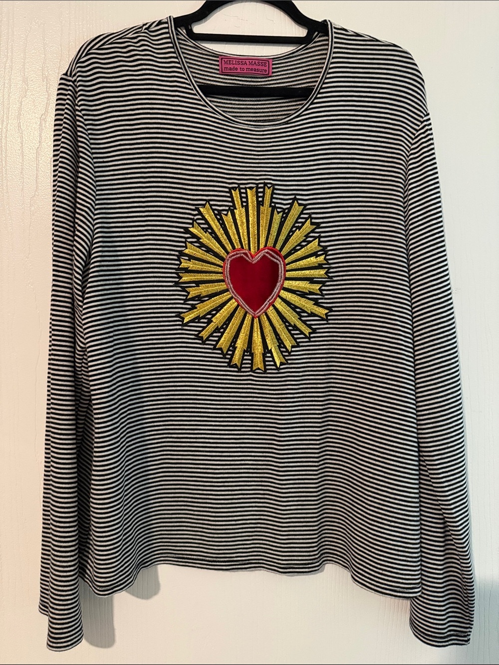 Melissa Masse Black & White Striped Top with Red Heart and Gold Sunburst